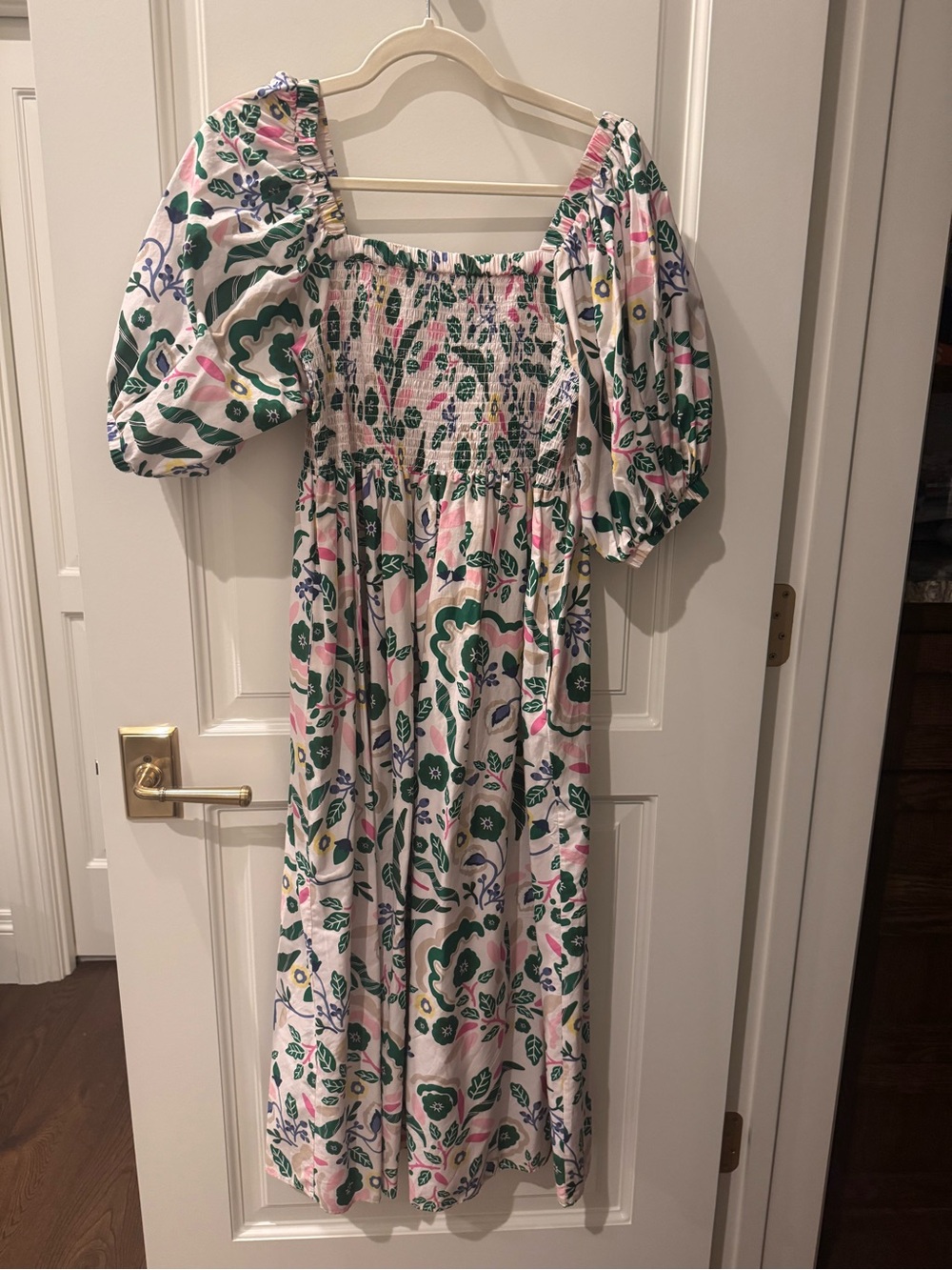Smocked Puff-Sleeve Floral Midi Dress in Pink and Green